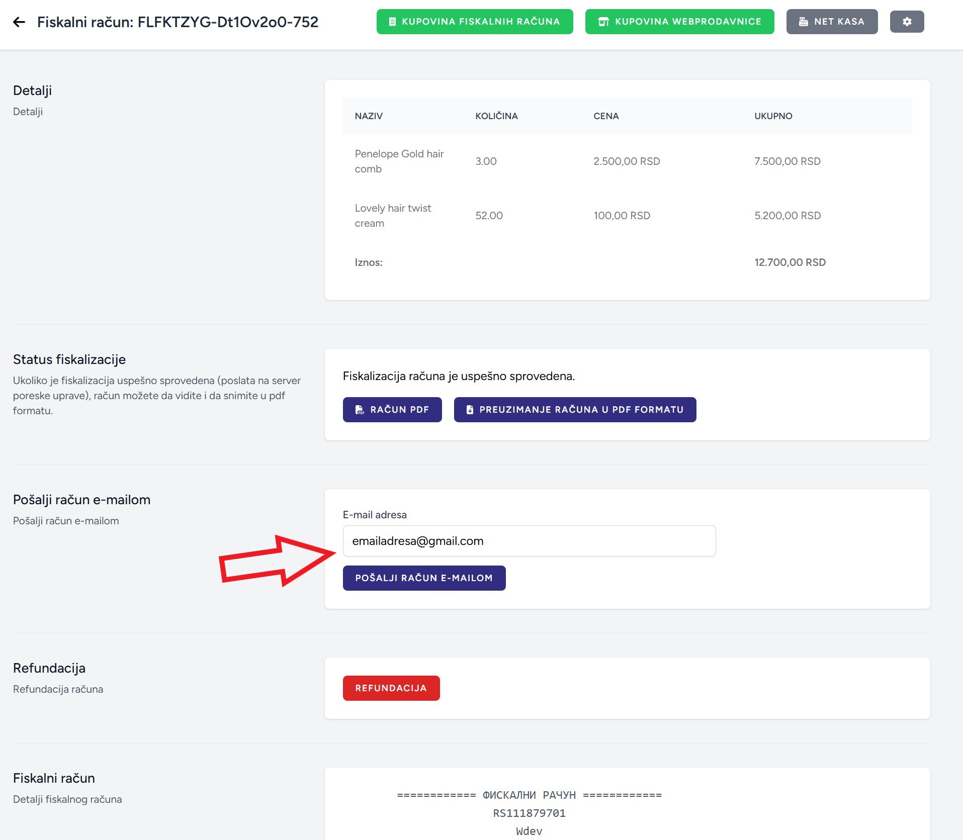 Slanje fiskalnog računa e-mailom