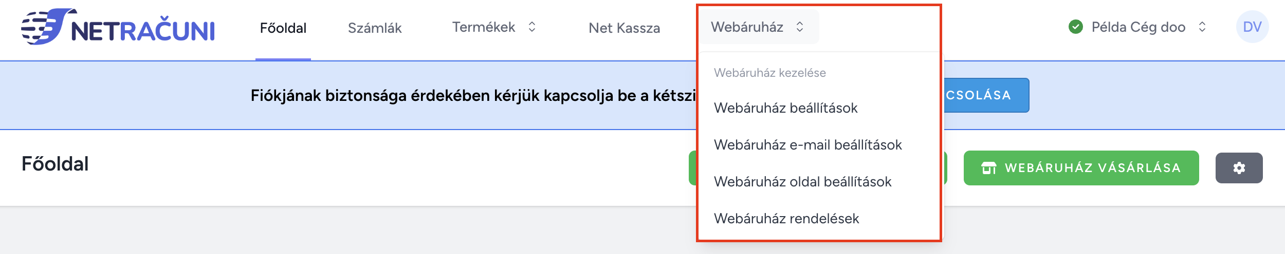 Webshop menu