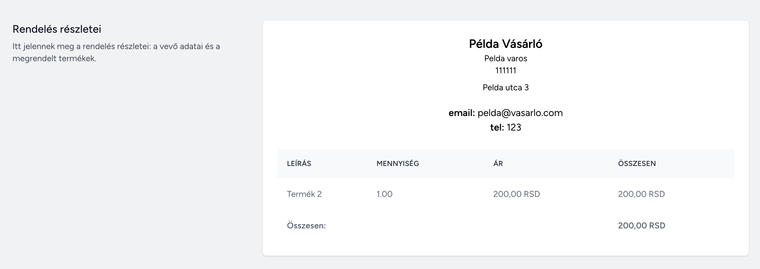 Webshop order details