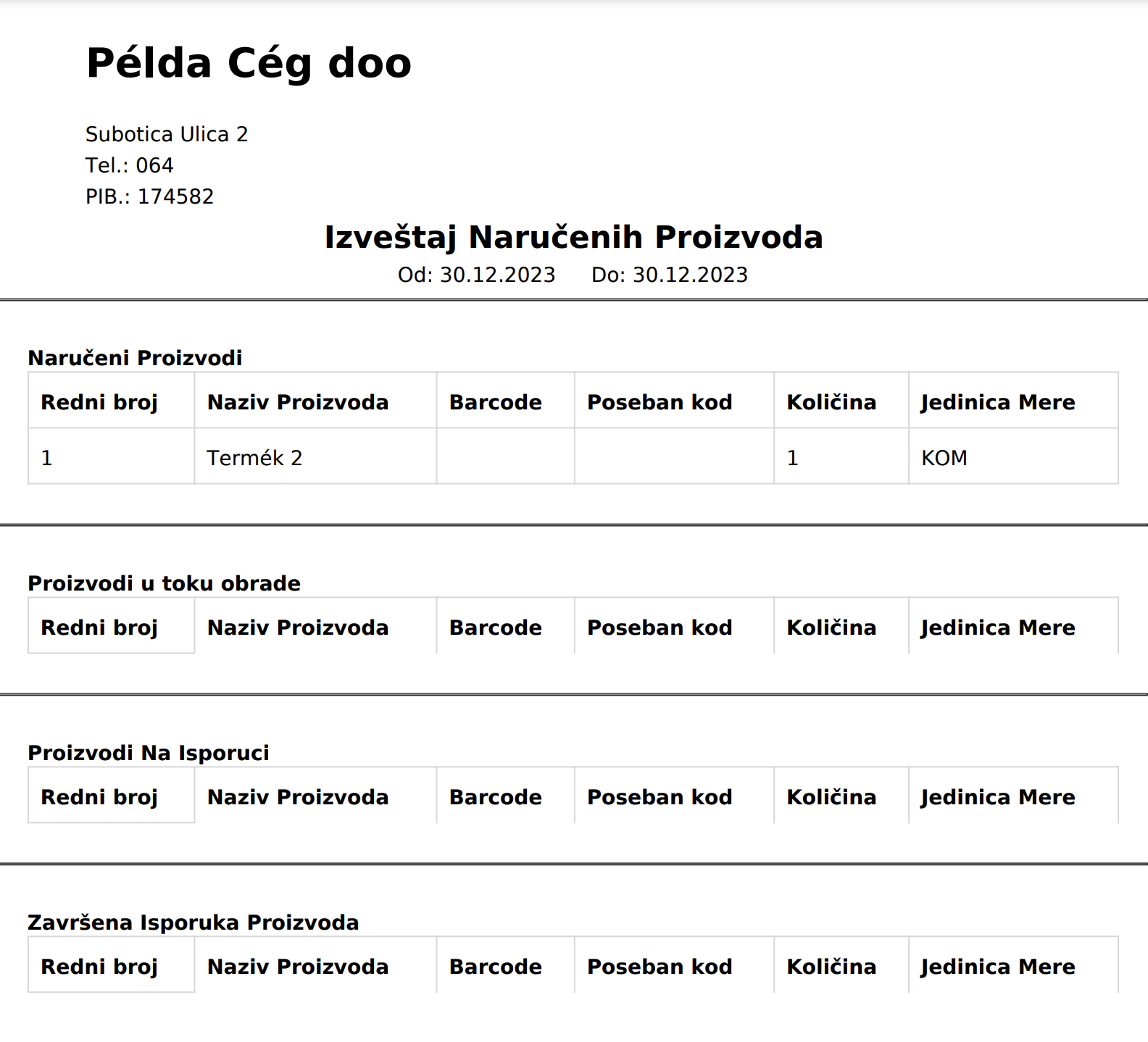 Webshop orders report