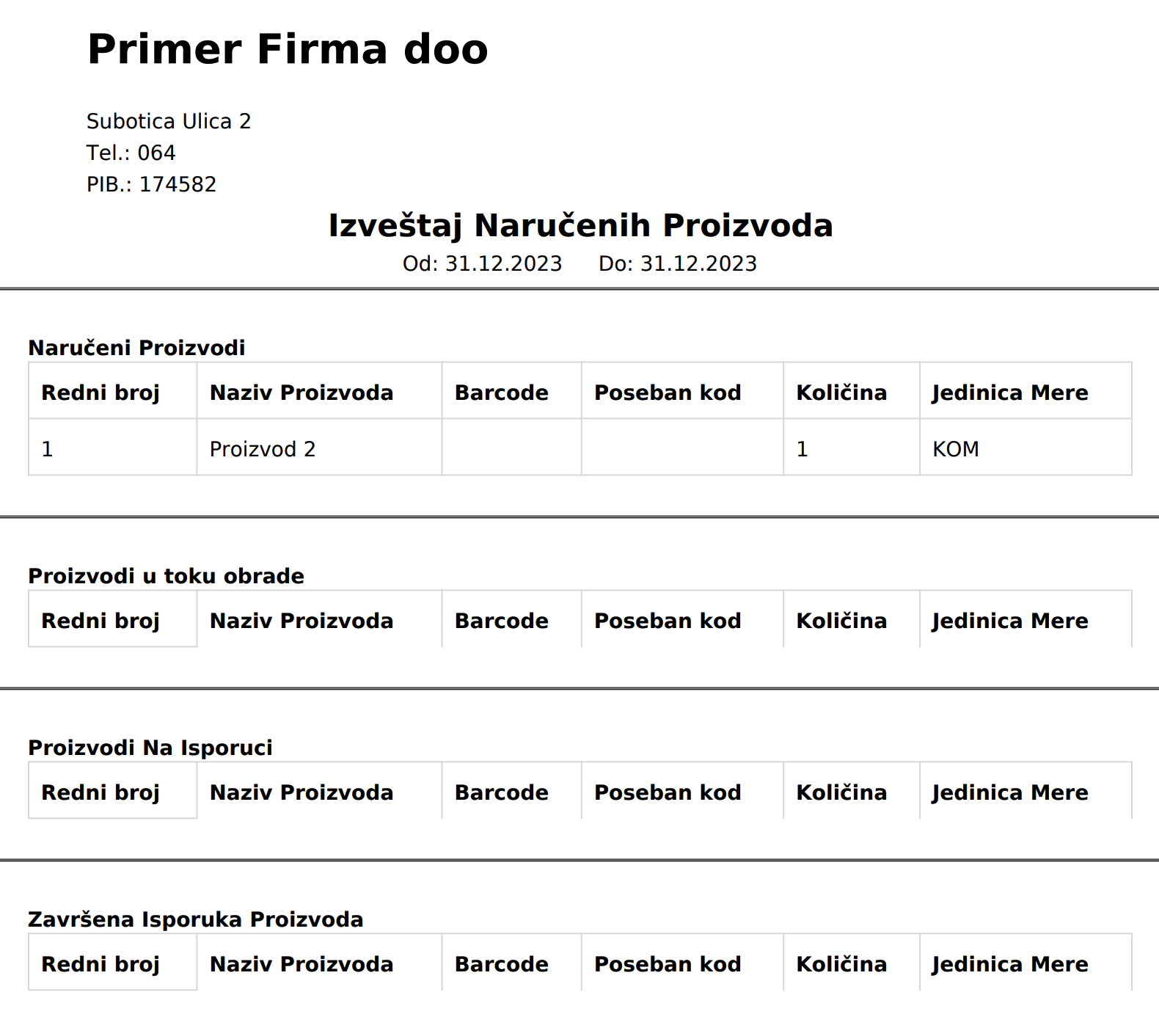 Webshop orders report