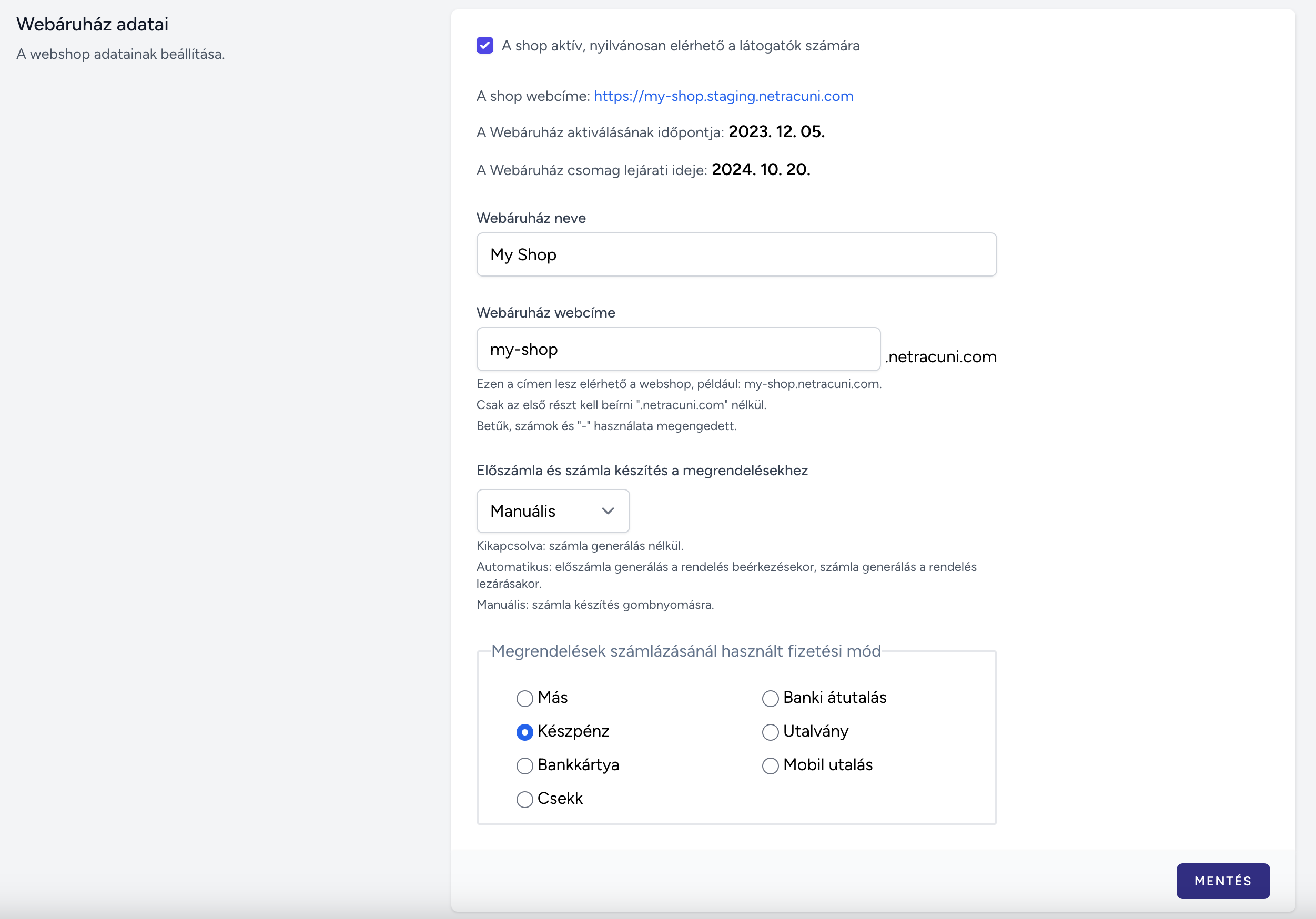 Webshop settings data