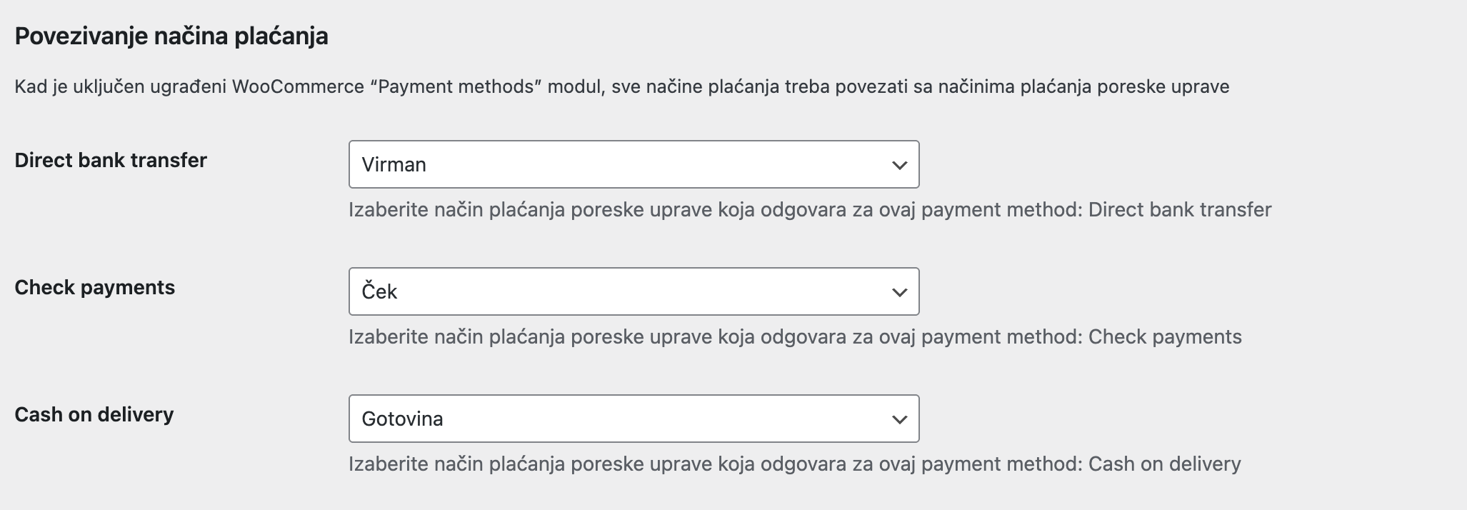 Woocommerce settings payment methods